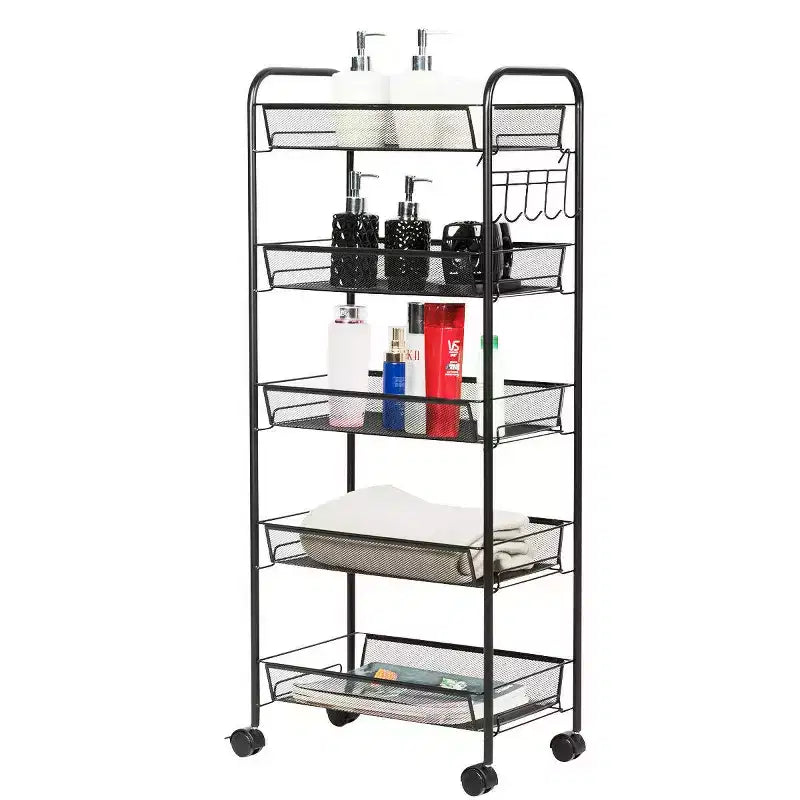 5-Tier Rolling Storage Rack Trolley Cart with Mesh Baskets, Black