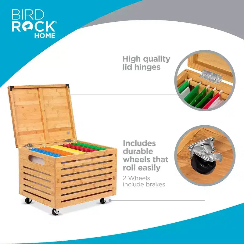 Bamboo Rolling File Storage Organizer Box with Lid, Natural