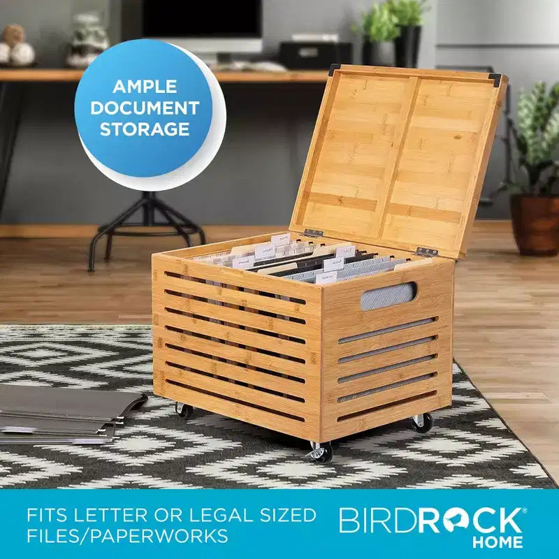 Bamboo Rolling File Storage Organizer Box with Lid, Natural