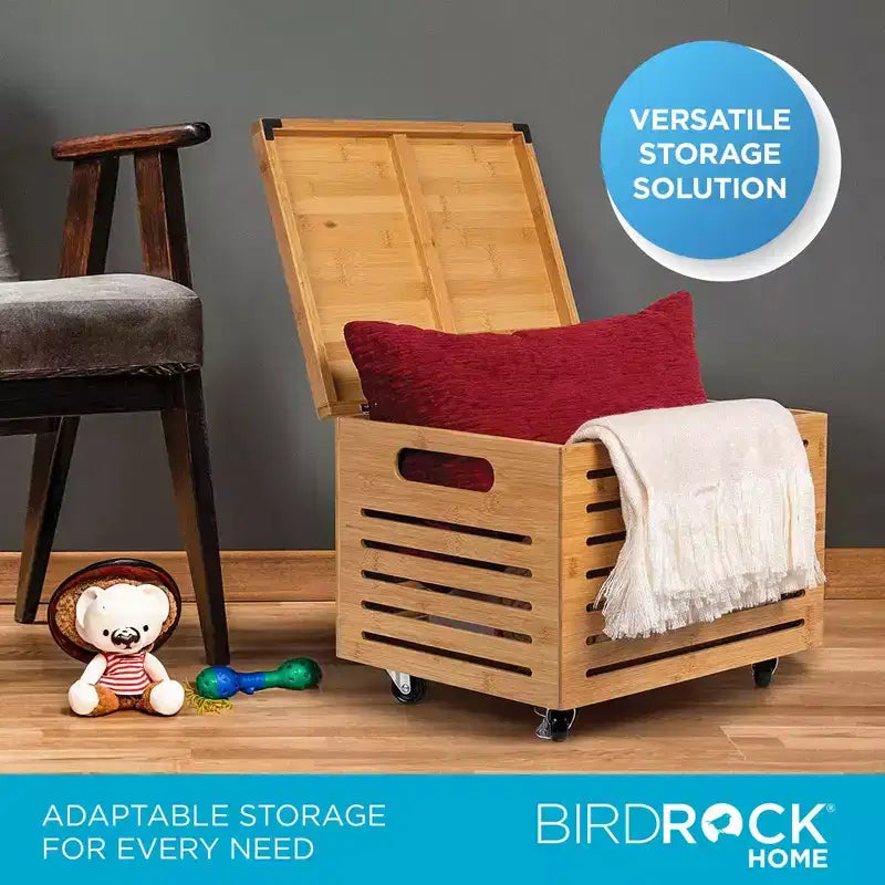 Bamboo Rolling File Storage Organizer Box with Lid, Natural