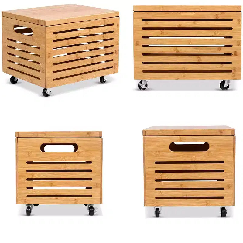 Bamboo Rolling File Storage Organizer Box with Lid, Natural