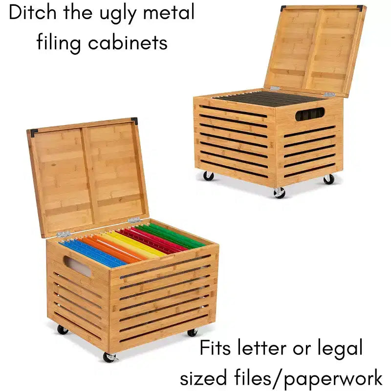 Bamboo Rolling File Storage Organizer Box with Lid, Natural