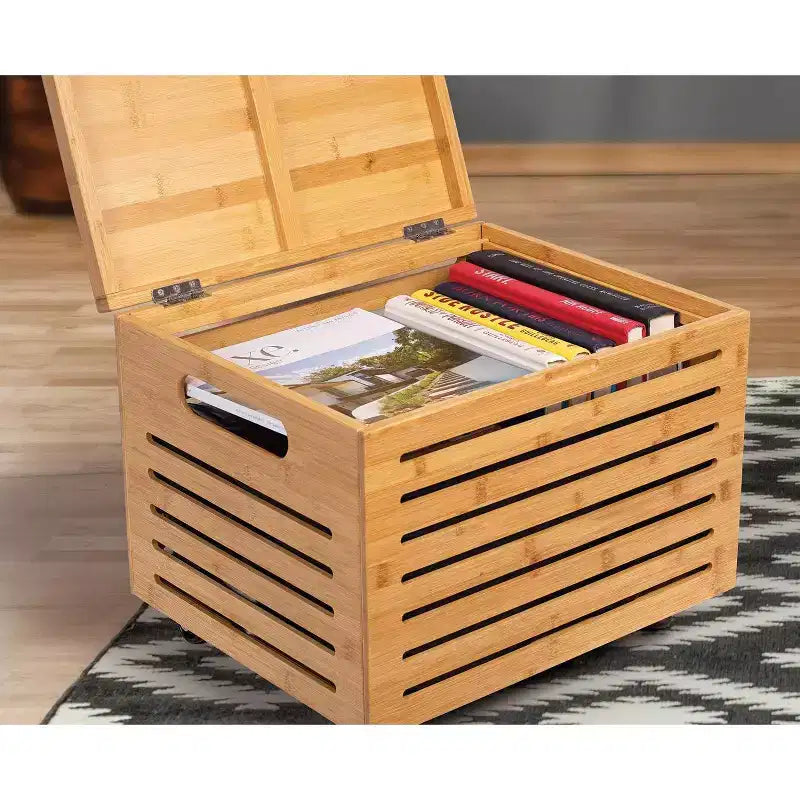Bamboo Rolling File Storage Organizer Box with Lid, Natural