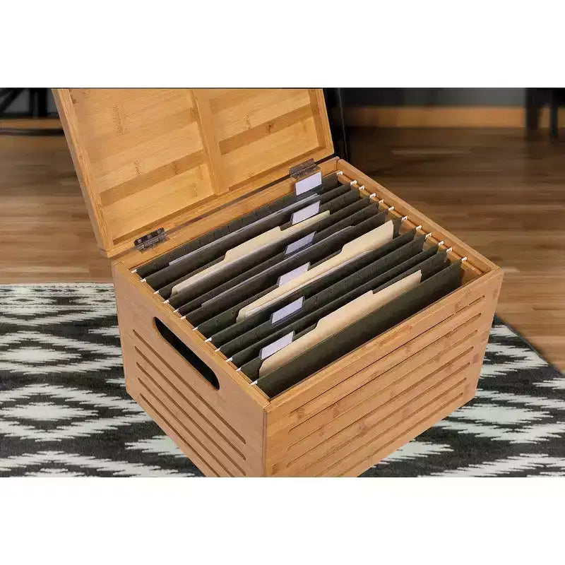 Bamboo Rolling File Storage Organizer Box with Lid, Natural