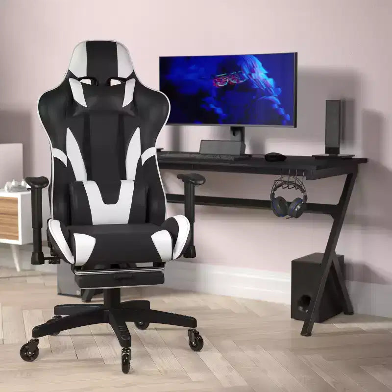 Racing Style Gaming Chair with Reclining Back, Slide-Out Footrest & Transparent Roller Wheels