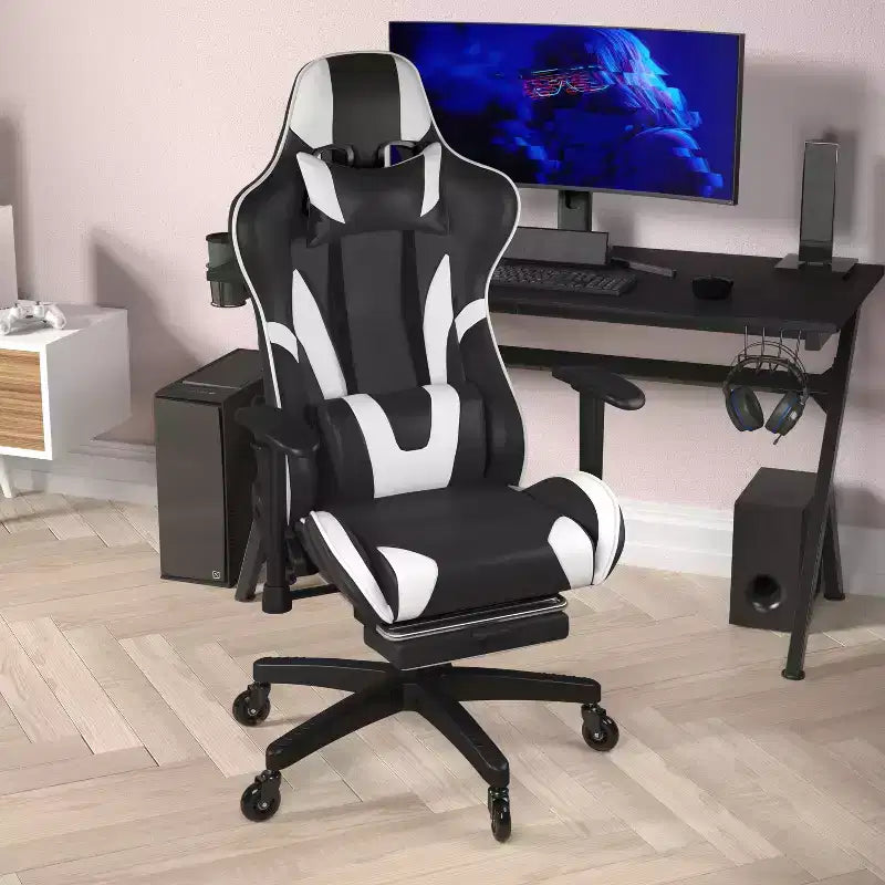 Racing Style Gaming Chair with Reclining Back, Slide-Out Footrest & Transparent Roller Wheels