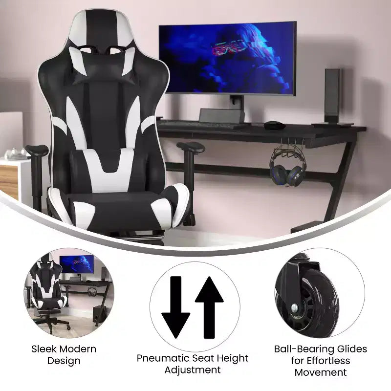 Racing Style Gaming Chair with Reclining Back, Slide-Out Footrest & Transparent Roller Wheels