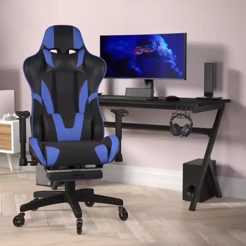 Racing Style Gaming Chair with Reclining Back, Slide-Out Footrest & Transparent Roller Wheels