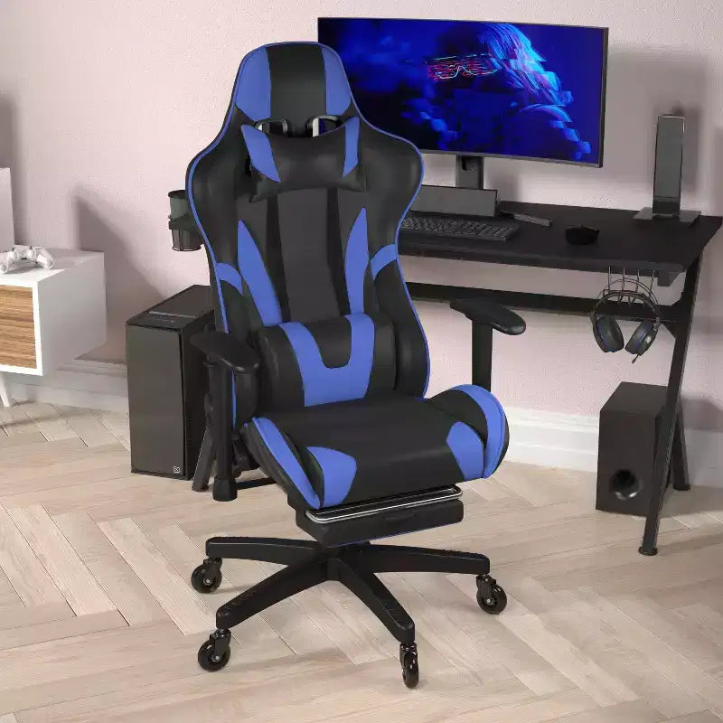 Racing Style Gaming Chair with Reclining Back, Slide-Out Footrest & Transparent Roller Wheels