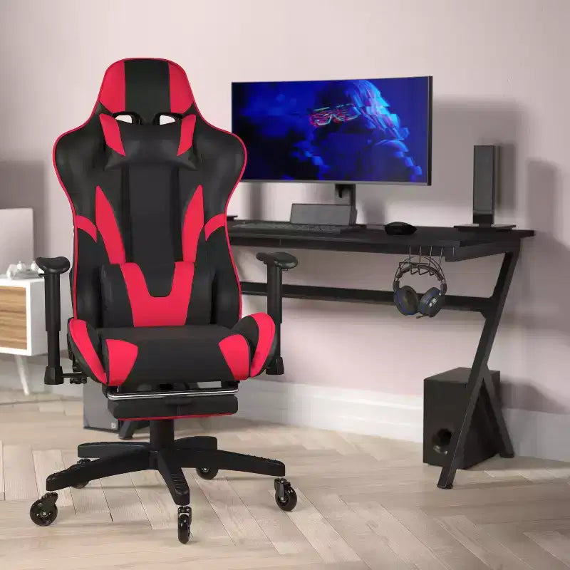 Racing Style Gaming Chair with Reclining Back, Slide-Out Footrest & Transparent Roller Wheels