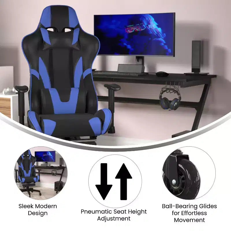 Racing Style Gaming Chair with Reclining Back, Slide-Out Footrest & Transparent Roller Wheels