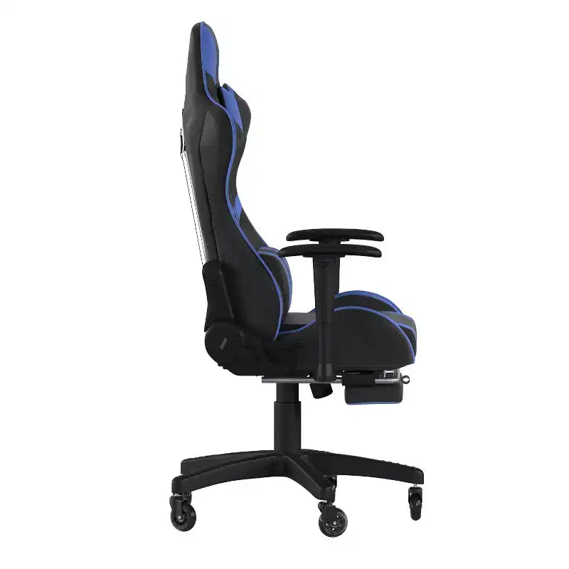 Racing Style Gaming Chair with Reclining Back, Slide-Out Footrest & Transparent Roller Wheels