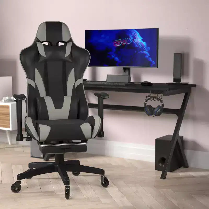 Racing Style Gaming Chair with Reclining Back, Slide-Out Footrest & Transparent Roller Wheels