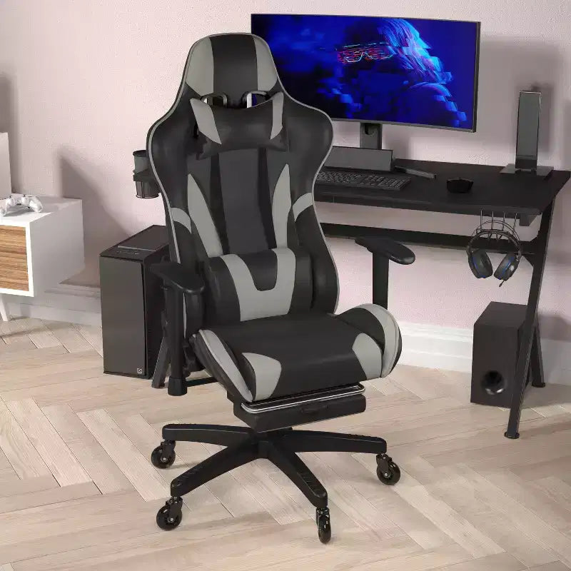 Racing Style Gaming Chair with Reclining Back, Slide-Out Footrest & Transparent Roller Wheels