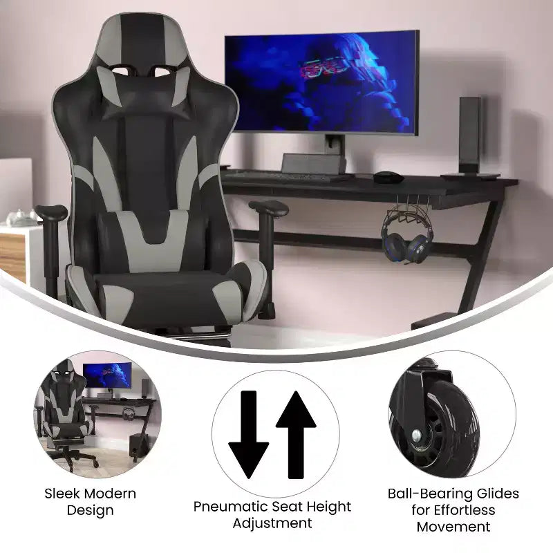 Racing Style Gaming Chair with Reclining Back, Slide-Out Footrest & Transparent Roller Wheels