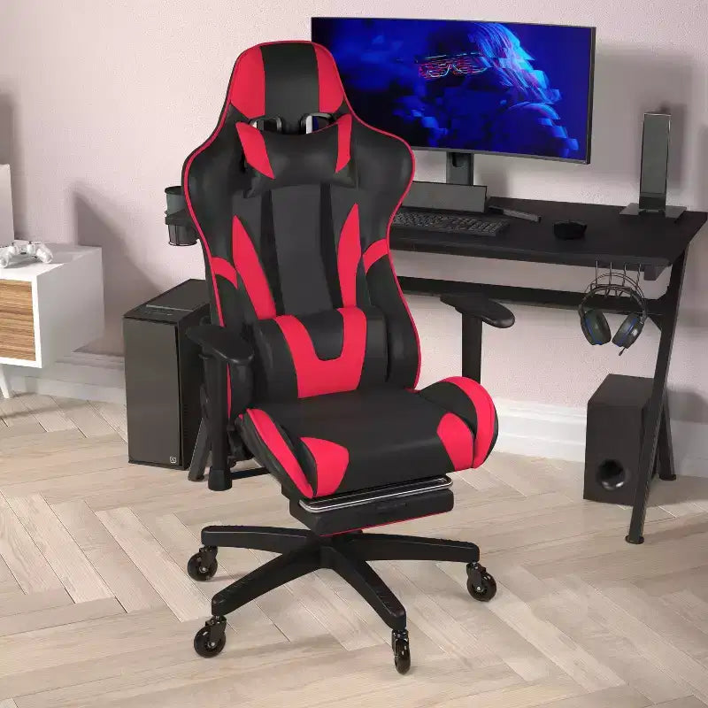 Racing Style Gaming Chair with Reclining Back, Slide-Out Footrest & Transparent Roller Wheels