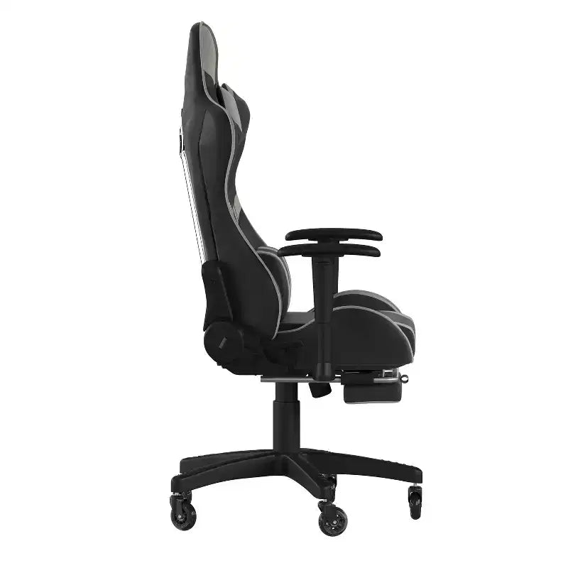 Racing Style Gaming Chair with Reclining Back, Slide-Out Footrest & Transparent Roller Wheels