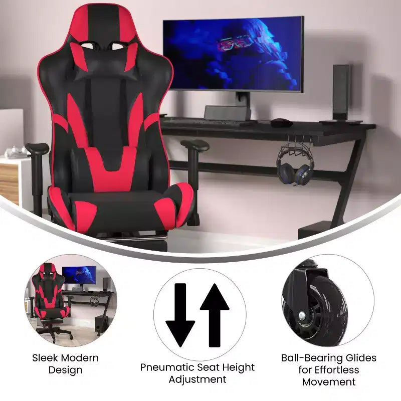 Racing Style Gaming Chair with Reclining Back, Slide-Out Footrest & Transparent Roller Wheels
