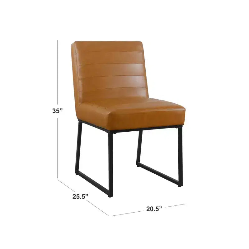 Channeled Faux Leather Dining Chair with Metal Legs, Caramel