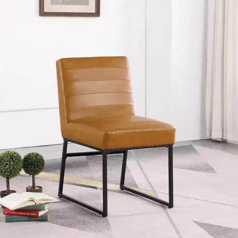 Channeled Faux Leather Dining Chair with Metal Legs, Caramel