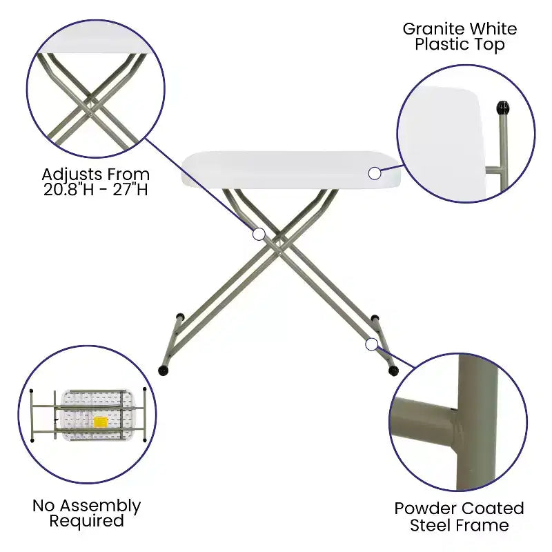 Height-Adjustable Plastic Folding TV Tray & Laptop Table, Granite White