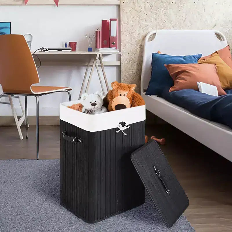 Rectangle Bamboo Laundry Hamper with Lid, 72L Storage Basket