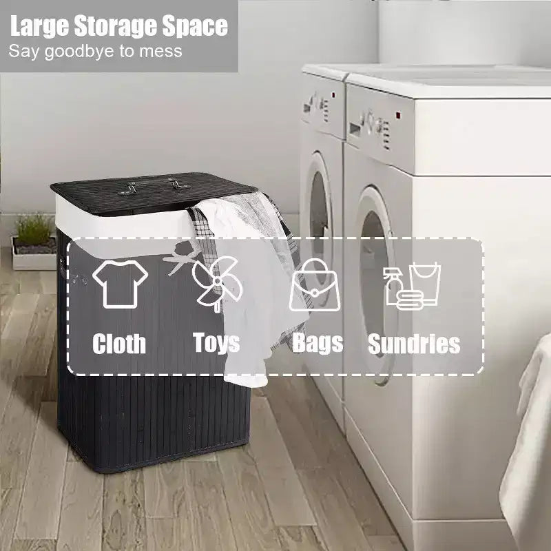 Rectangle Bamboo Laundry Hamper with Lid, 72L Storage Basket