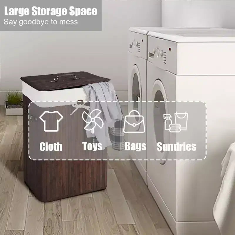 Rectangle Bamboo Laundry Hamper with Lid, 72L Storage Basket