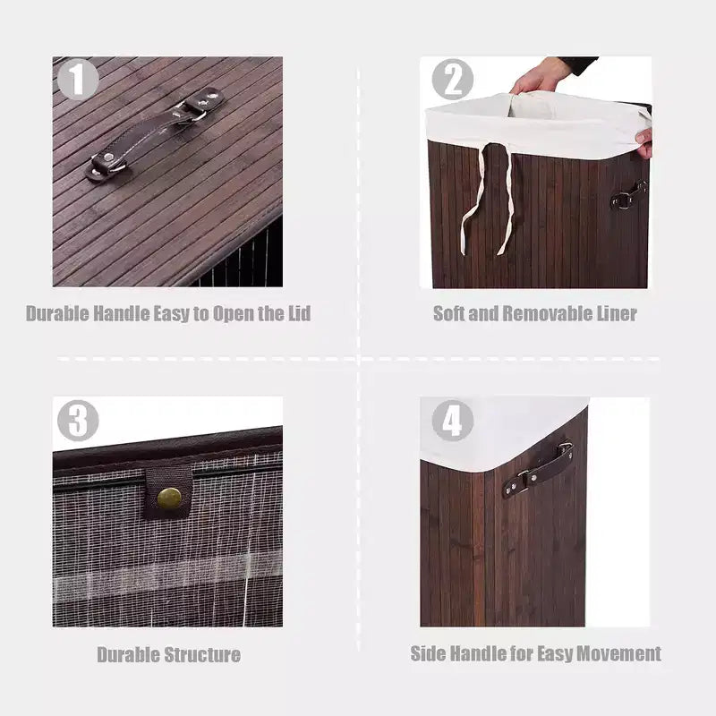 Rectangle Bamboo Laundry Hamper with Lid, 72L Storage Basket