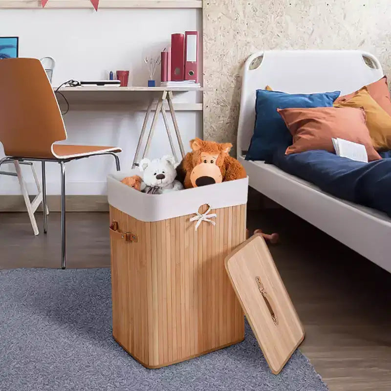 Rectangle Bamboo Laundry Hamper with Lid, 72L Storage Basket