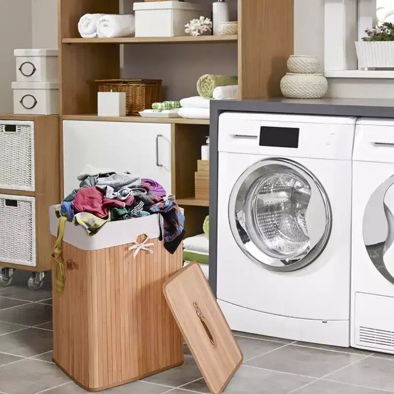 Rectangle Bamboo Laundry Hamper with Lid, 72L Storage Basket
