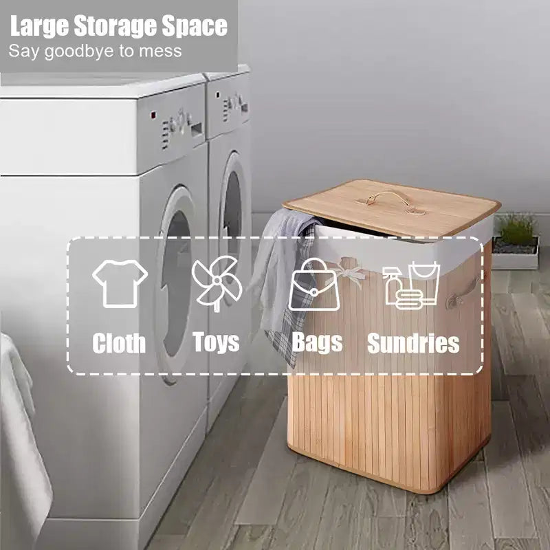 Rectangle Bamboo Laundry Hamper with Lid, 72L Storage Basket