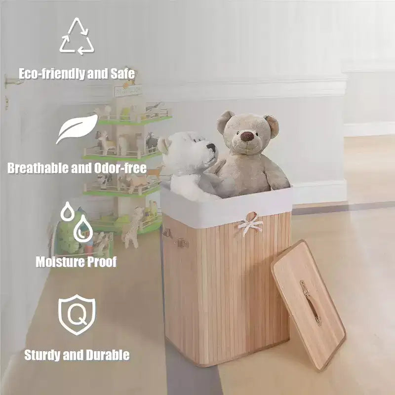 Rectangle Bamboo Laundry Hamper with Lid, 72L Storage Basket