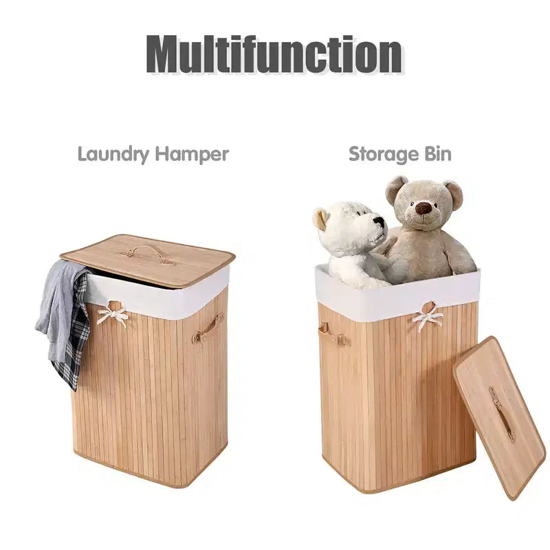 Rectangle Bamboo Laundry Hamper with Lid, 72L Storage Basket