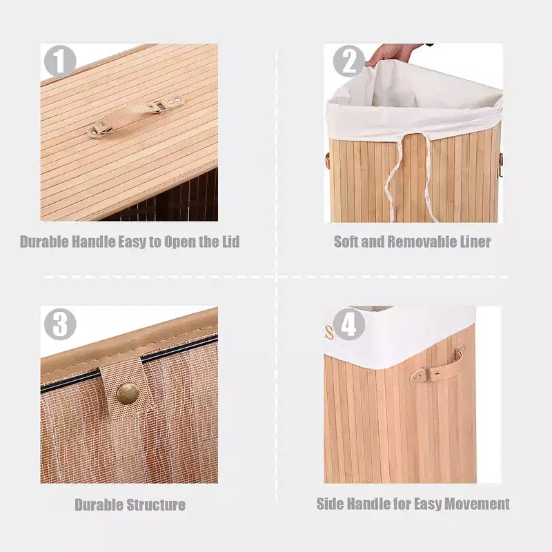 Rectangle Bamboo Laundry Hamper with Lid, 72L Storage Basket