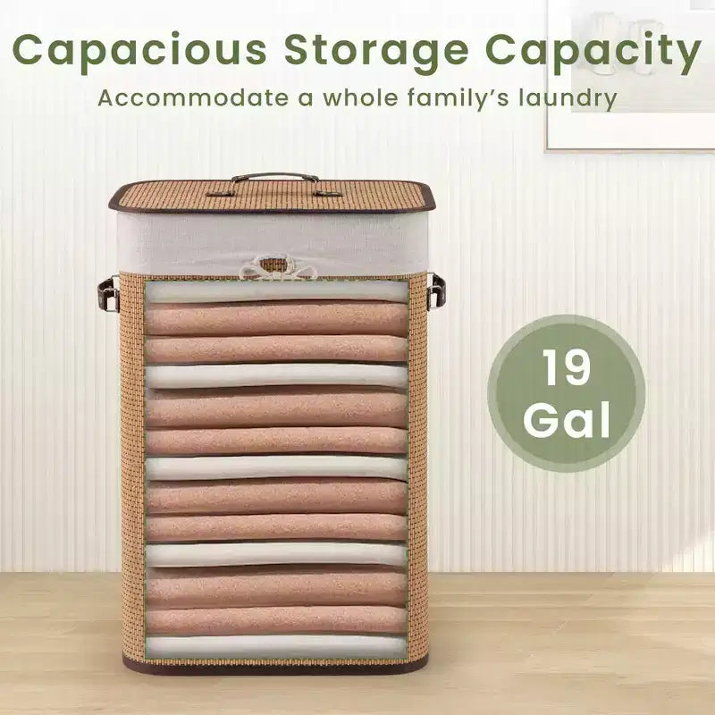Rectangle Bamboo Laundry Hamper with Lid, 72L Storage Basket