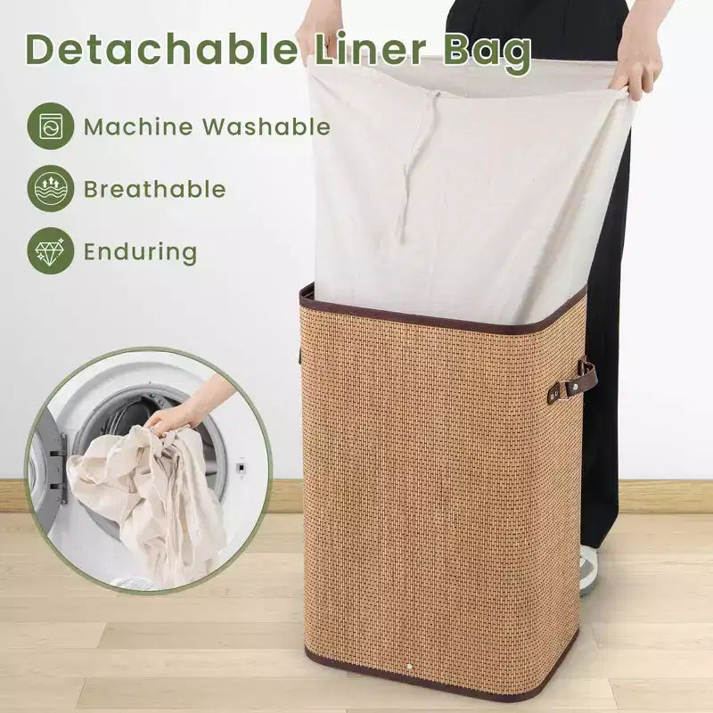 Rectangle Bamboo Laundry Hamper with Lid, 72L Storage Basket