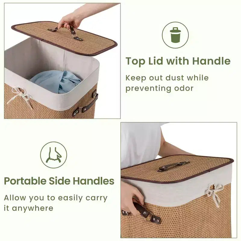 Rectangle Bamboo Laundry Hamper with Lid, 72L Storage Basket