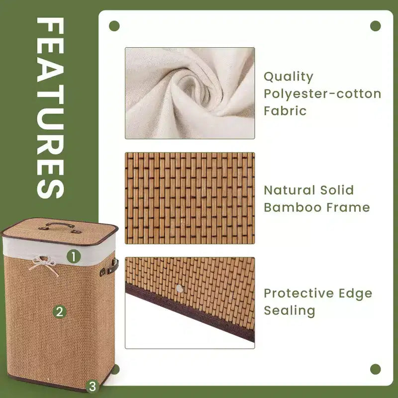 Rectangle Bamboo Laundry Hamper with Lid, 72L Storage Basket