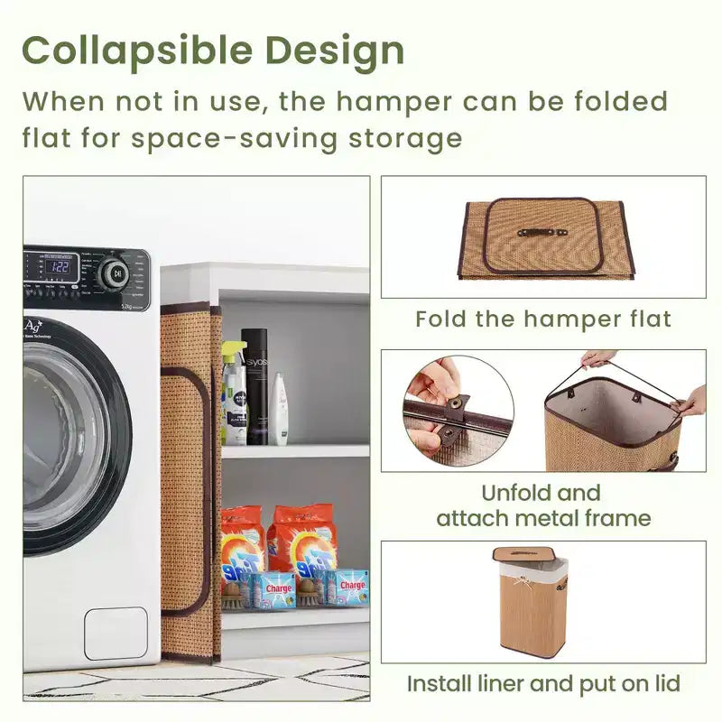 Rectangle Bamboo Laundry Hamper with Lid, 72L Storage Basket