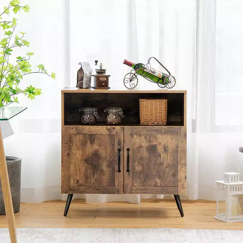 Mid-Century 2-Door Storage Cabinet Sideboard with Wine Glass Racks, Rustic Brown