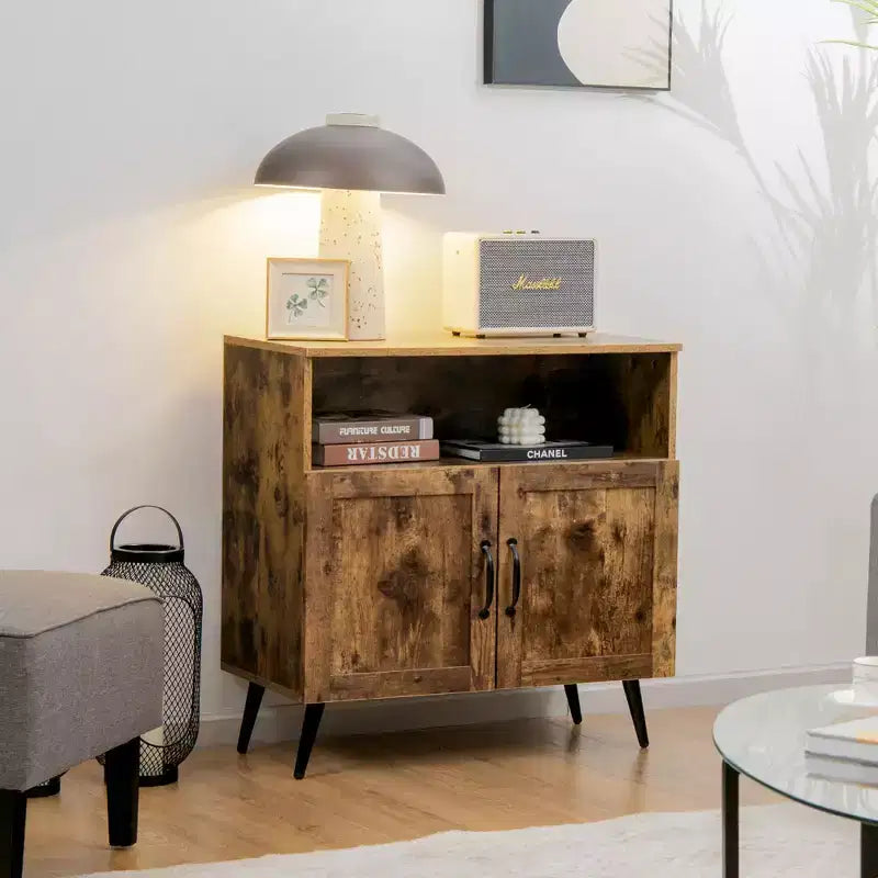 Mid-Century 2-Door Storage Cabinet Sideboard with Wine Glass Racks, Rustic Brown
