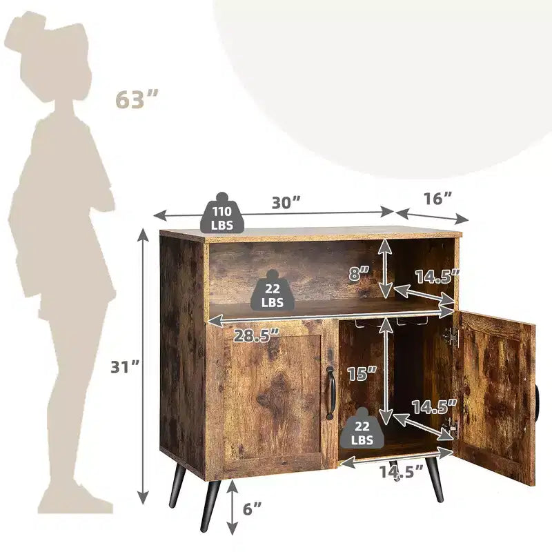 Mid-Century 2-Door Storage Cabinet Sideboard with Wine Glass Racks, Rustic Brown