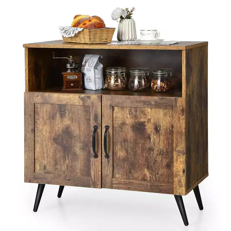 Mid-Century 2-Door Storage Cabinet Sideboard with Wine Glass Racks, Rustic Brown