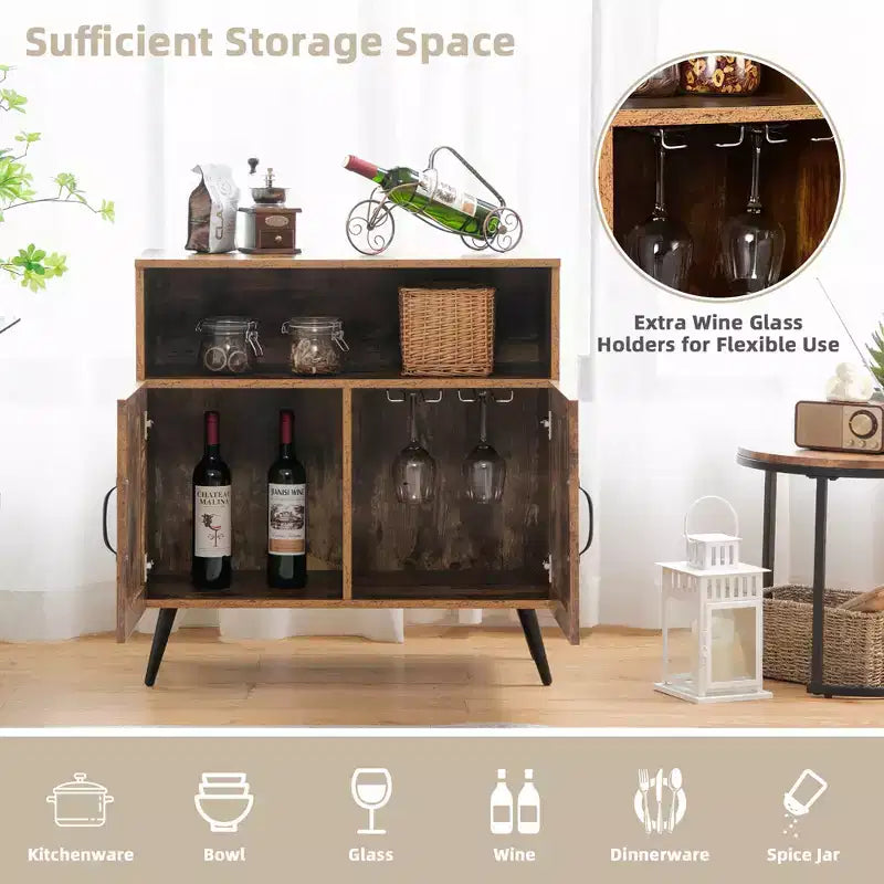 Mid-Century 2-Door Storage Cabinet Sideboard with Wine Glass Racks, Rustic Brown